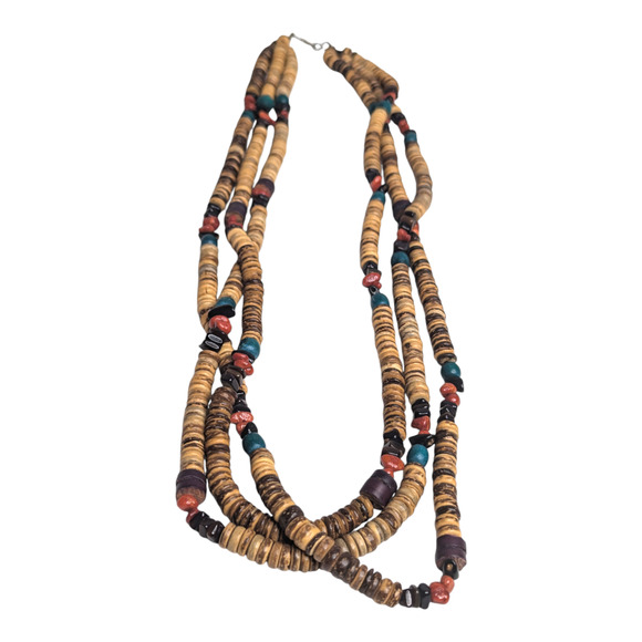 Boho Multi Layered Chunky Multi Colored Wooden Beaded Long Vintage Necklace - Picture 3 of 6